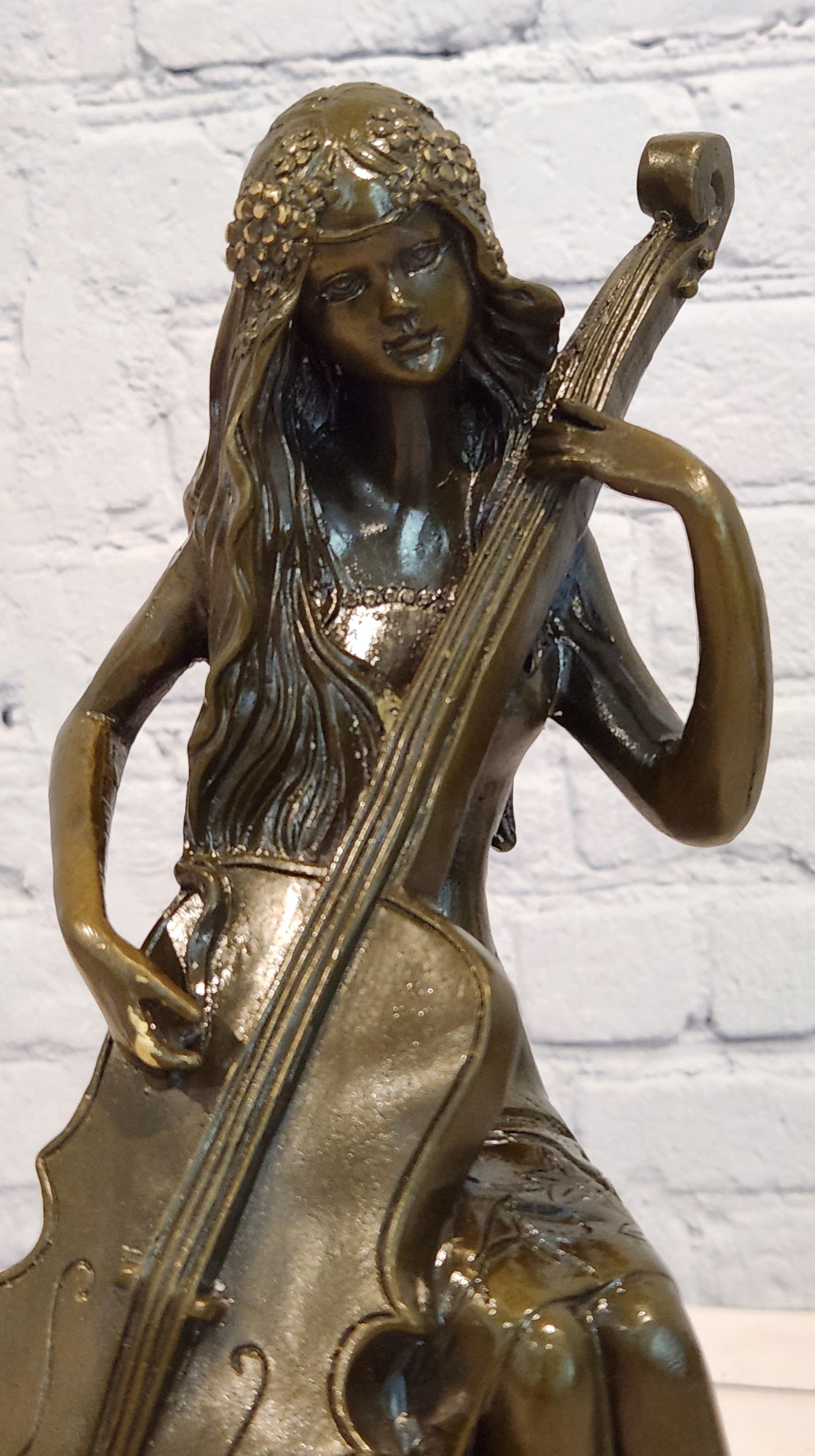 RARE REAL BRONZE SCULPTURE MUSIC CELLO PLAYING LADY FIGURINE HOT CAST DECORATION DECOR