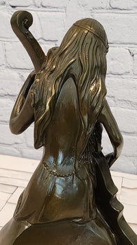 RARE REAL BRONZE SCULPTURE MUSIC CELLO PLAYING LADY FIGURINE HOT CAST DECORATION DECOR