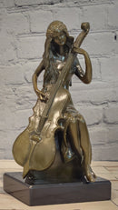 RARE REAL BRONZE SCULPTURE MUSIC CELLO PLAYING LADY FIGURINE HOT CAST DECORATION DECOR
