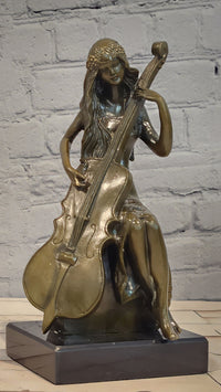 RARE REAL BRONZE SCULPTURE MUSIC CELLO PLAYING LADY FIGURINE HOT CAST DECORATION DECOR