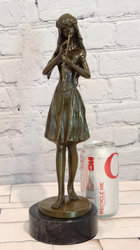 Hand Made Bronze Sculpture of a Young Girl playing the Flute by J. Patoue