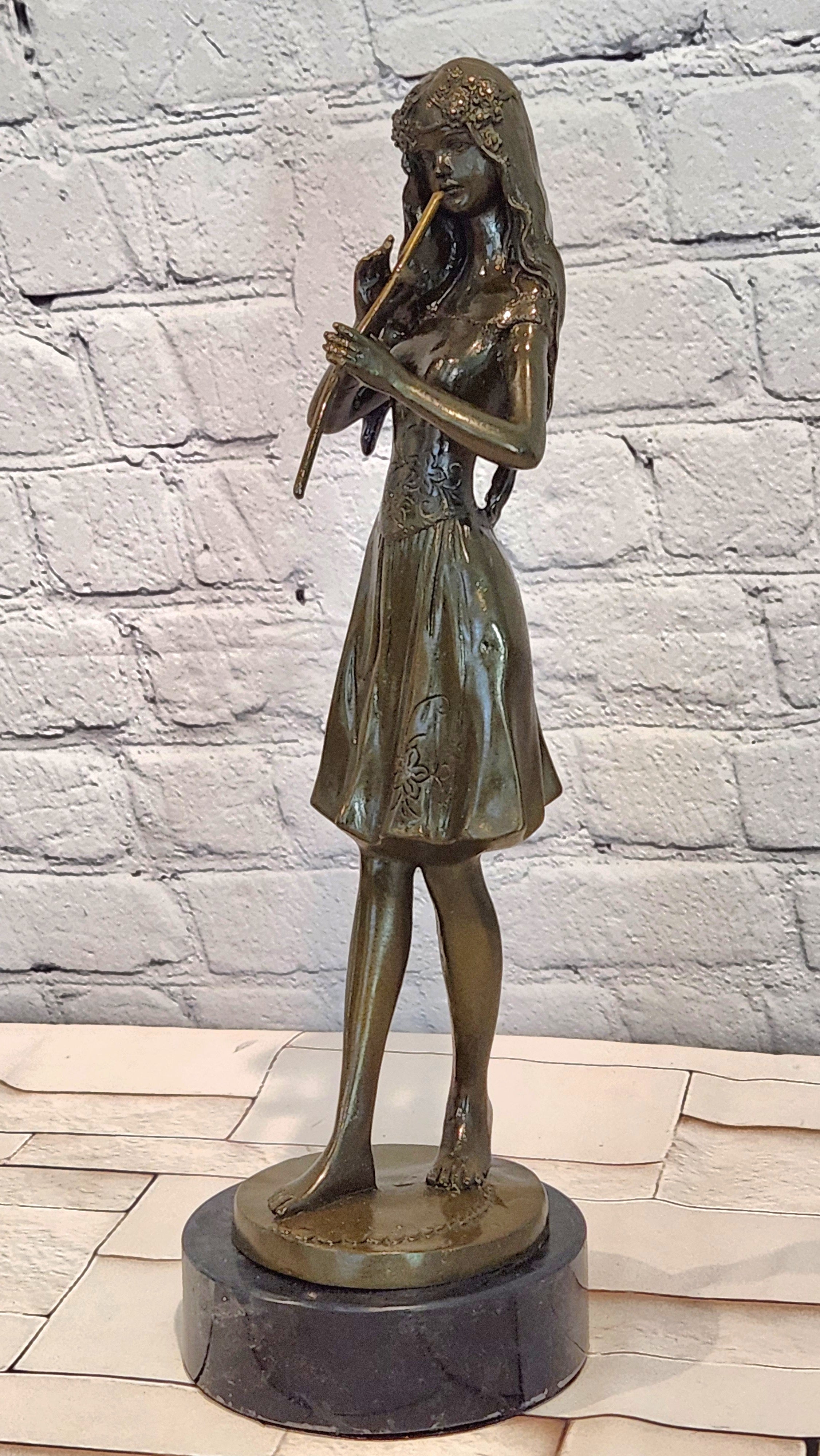 Hand Made Bronze Sculpture of a Young Girl playing the Flute by J. Patoue