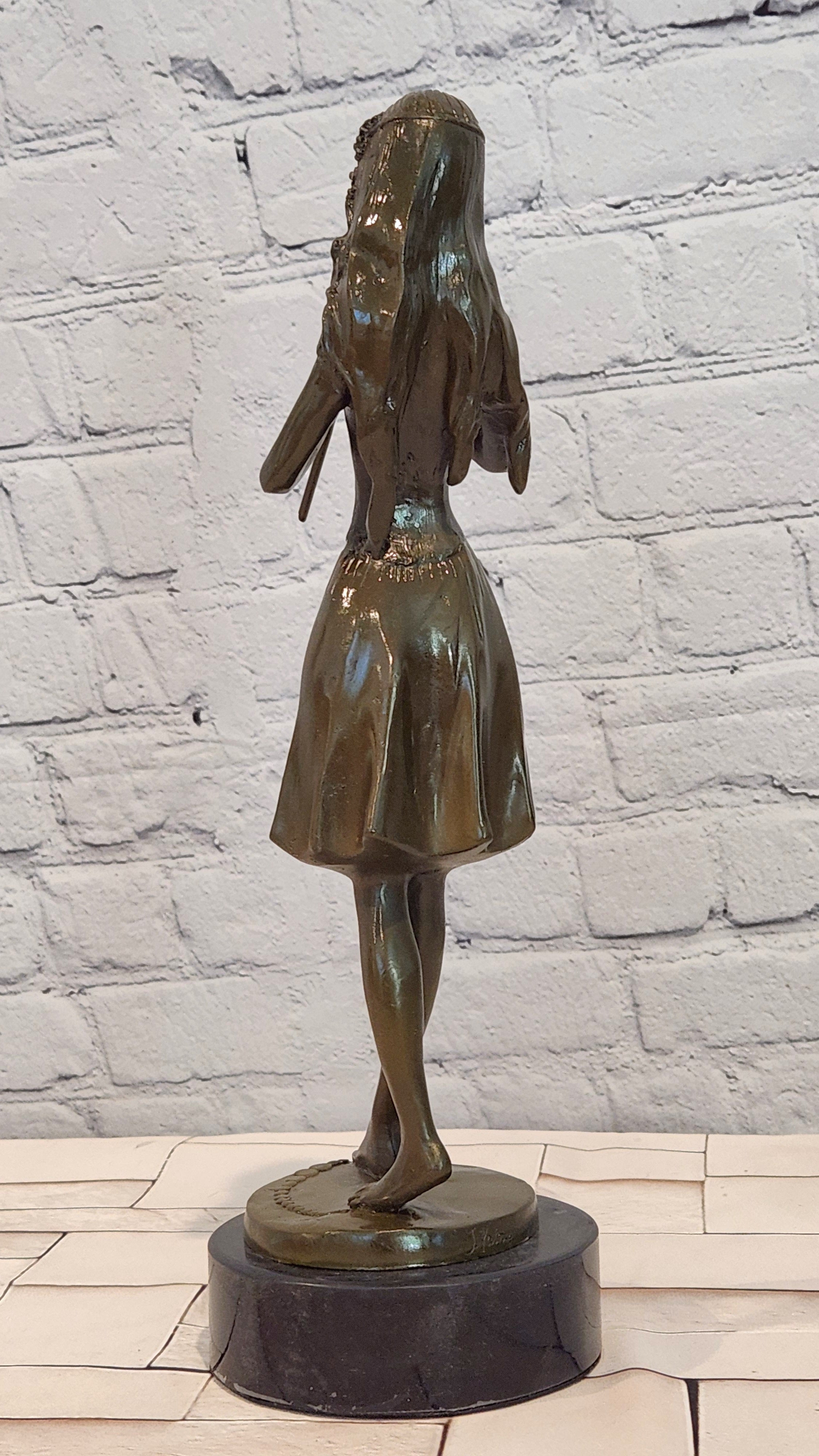Hand Made Bronze Sculpture of a Young Girl playing the Flute by J. Patoue