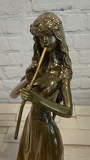 Hand Made Bronze Sculpture of a Young Girl playing the Flute by J. Patoue