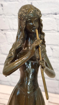 Hand Made Bronze Sculpture of a Young Girl playing the Flute by J. Patoue