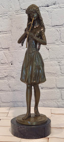 Hand Made Bronze Sculpture of a Young Girl playing the Flute by J. Patoue