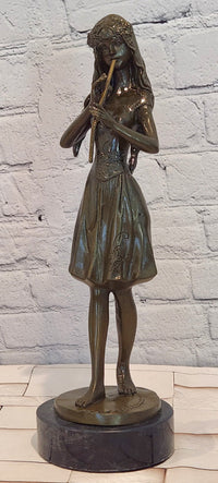 Hand Made Bronze Sculpture of a Young Girl playing the Flute by J. Patoue