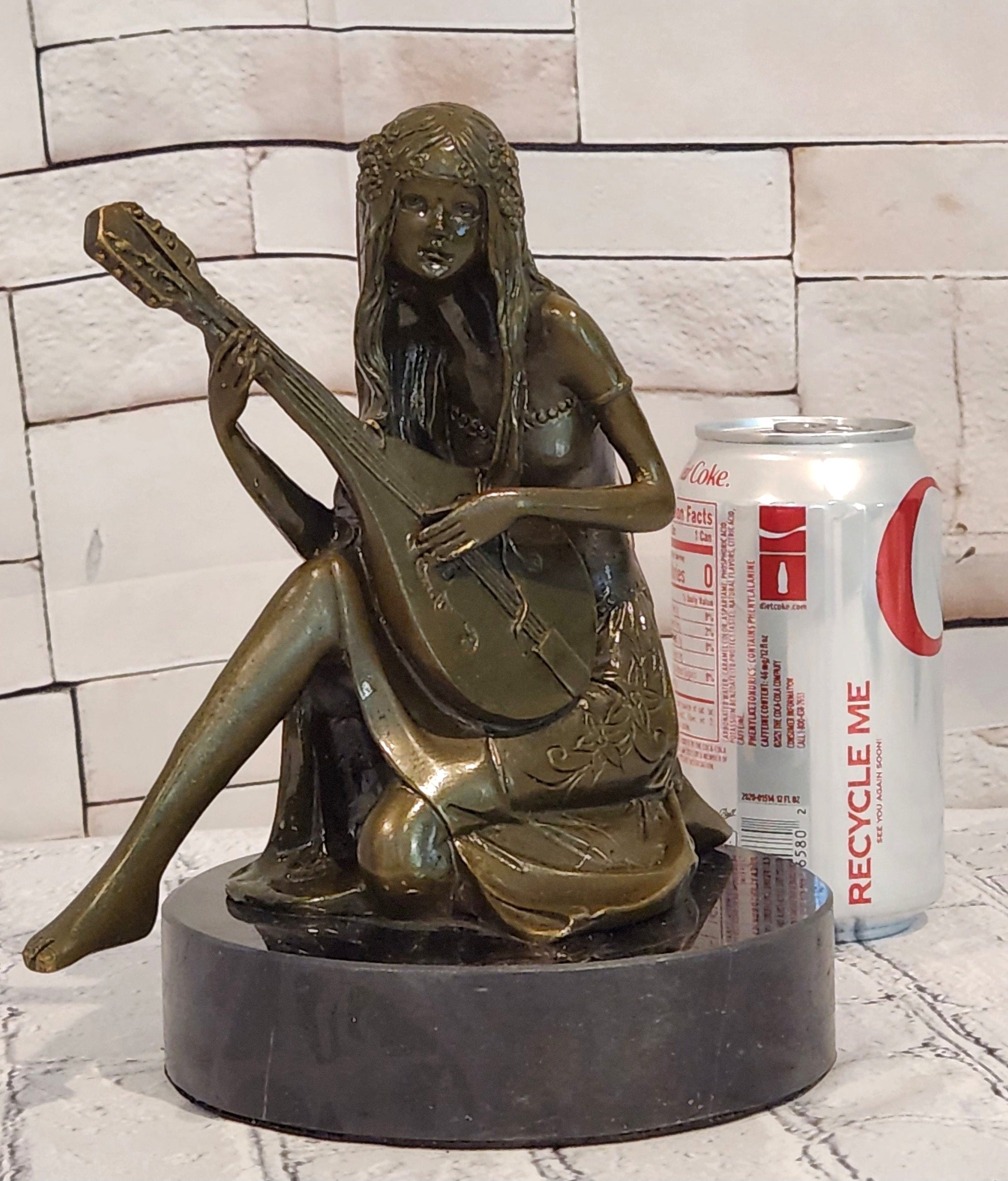 Signed Jean Patoue Young Girl Playing Mandoline Bronze Sculpture Statue