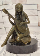 Signed Jean Patoue Young Girl Playing Mandoline Bronze Sculpture Statue