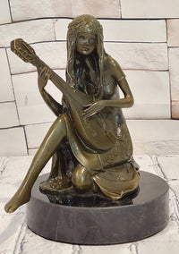 Signed Jean Patoue Young Girl Playing Mandoline Bronze Sculpture Statue