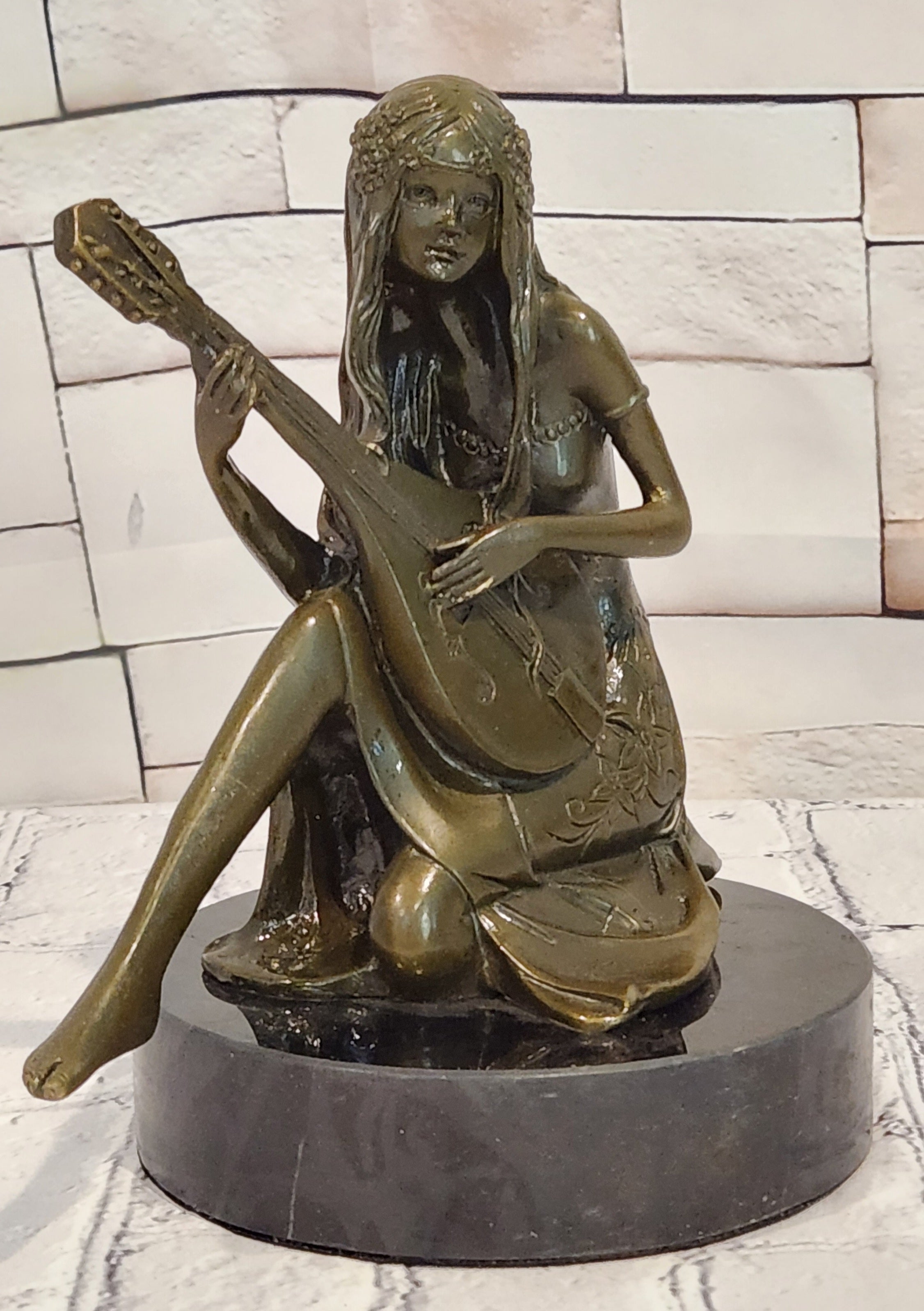 Signed Jean Patoue Young Girl Playing Mandoline Bronze Sculpture Statue