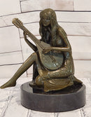Signed Jean Patoue Young Girl Playing Mandoline Bronze Sculpture Statue