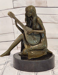 Signed Jean Patoue Young Girl Playing Mandoline Bronze Sculpture Statue