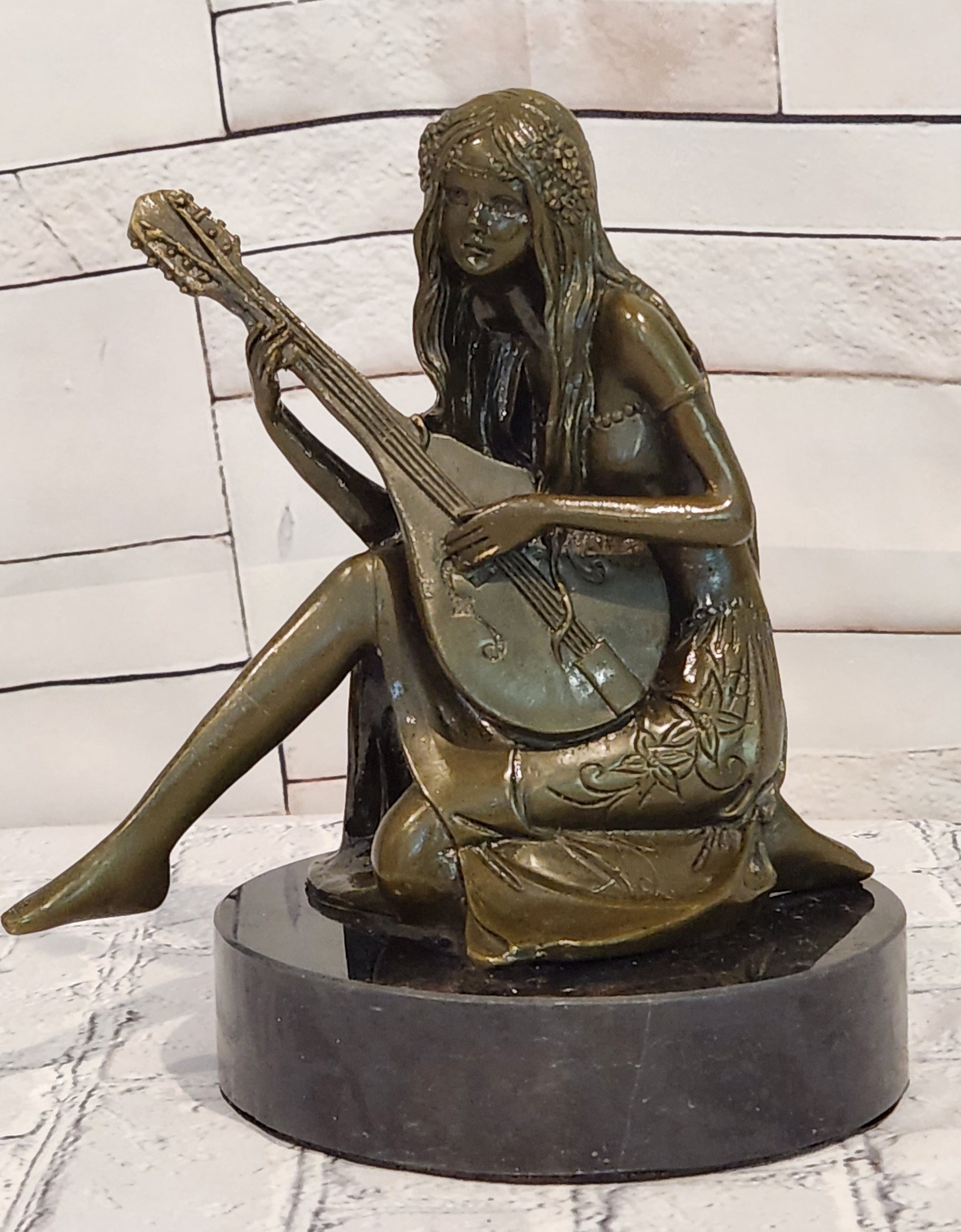 Signed Jean Patoue Young Girl Playing Mandoline Bronze Sculpture Statue