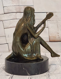 Signed Jean Patoue Young Girl Playing Mandoline Bronze Sculpture Statue