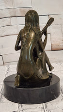 Signed Jean Patoue Young Girl Playing Mandoline Bronze Sculpture Statue