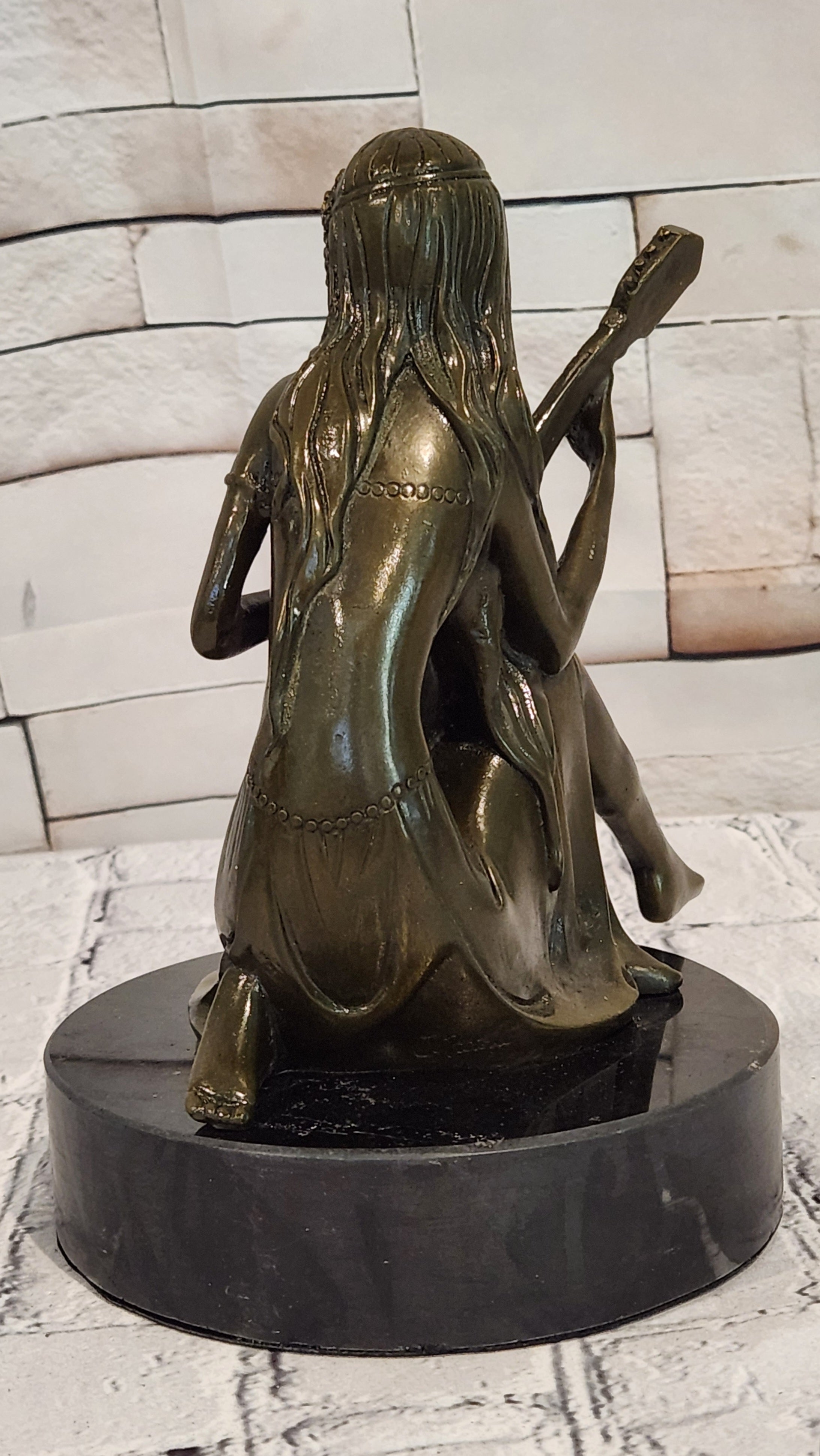 Signed Jean Patoue Young Girl Playing Mandoline Bronze Sculpture Statue