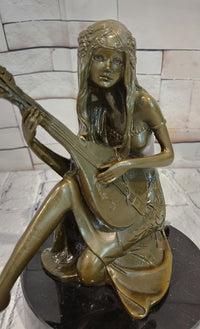 Signed Jean Patoue Young Girl Playing Mandoline Bronze Sculpture Statue