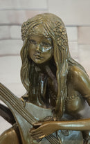 Signed Jean Patoue Young Girl Playing Mandoline Bronze Sculpture Statue