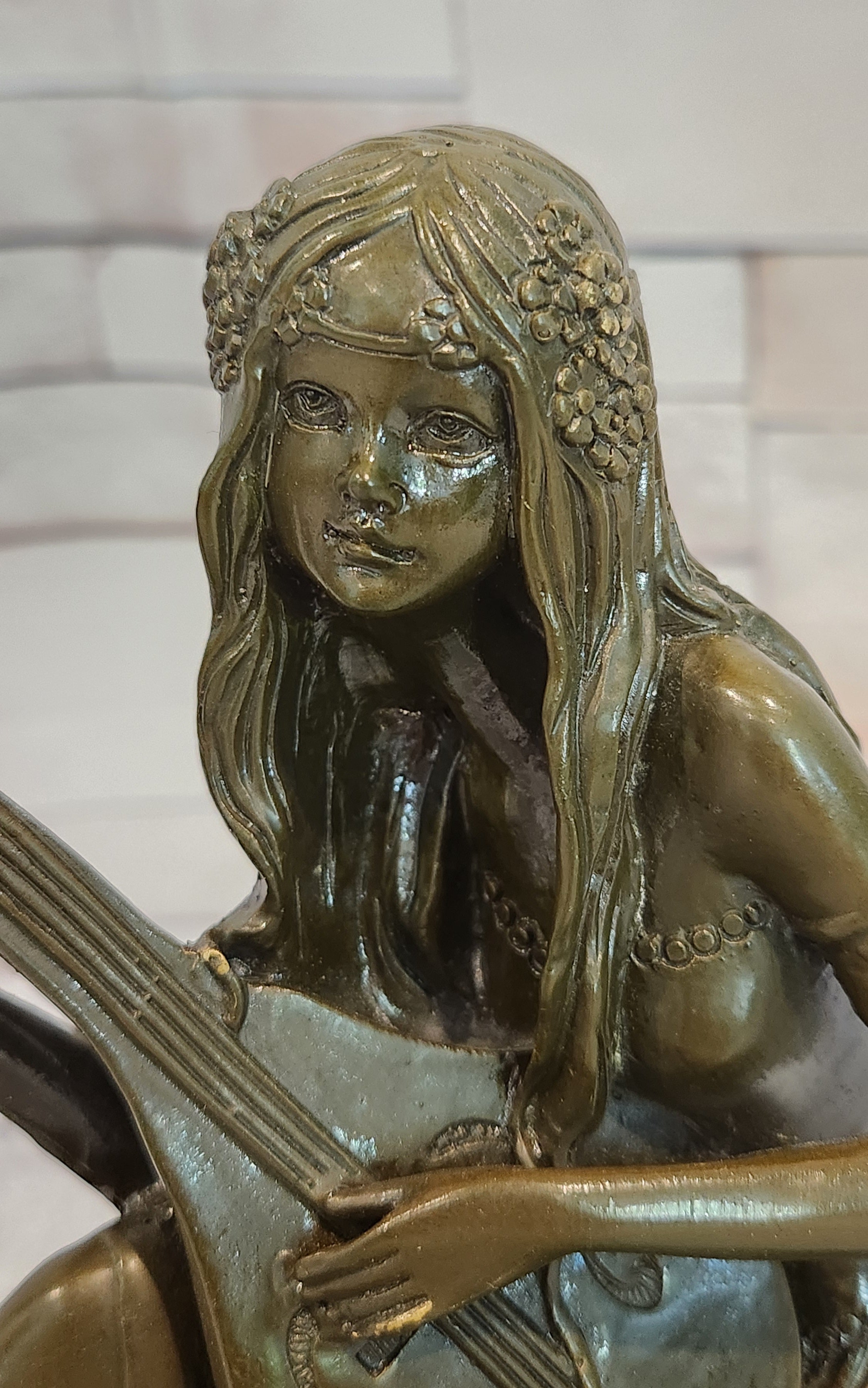 Signed Jean Patoue Young Girl Playing Mandoline Bronze Sculpture Statue