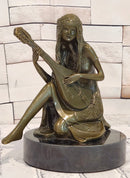 Signed Jean Patoue Young Girl Playing Mandoline Bronze Sculpture Statue