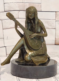 Signed Jean Patoue Young Girl Playing Mandoline Bronze Sculpture Statue
