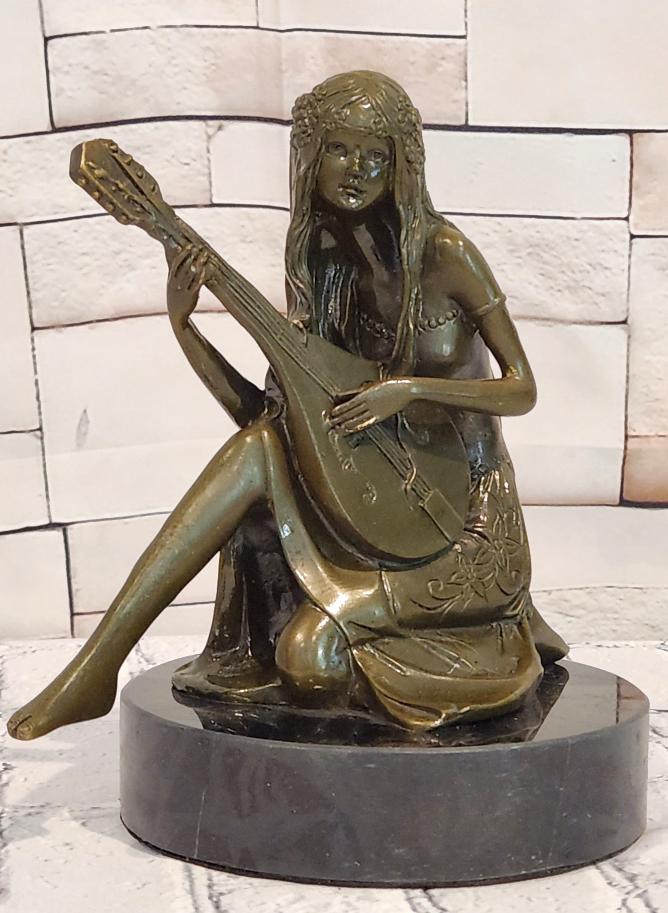 Signed Jean Patoue Young Girl Playing Mandoline Bronze Sculpture Statue