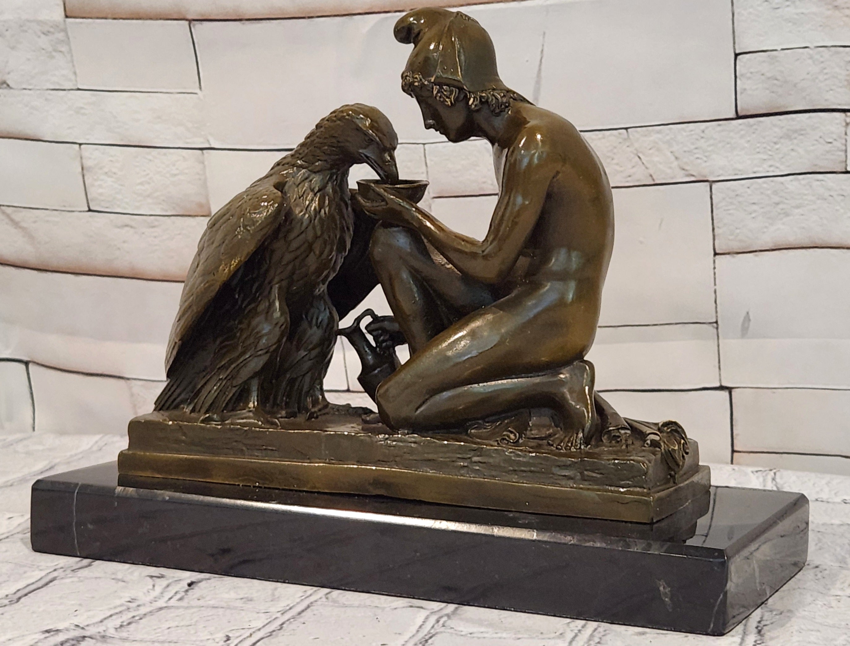 Greek Mythology Statue Ganymede Watering Zeus ' Eagle by Aldo Vitaleh Bronze Sculpture