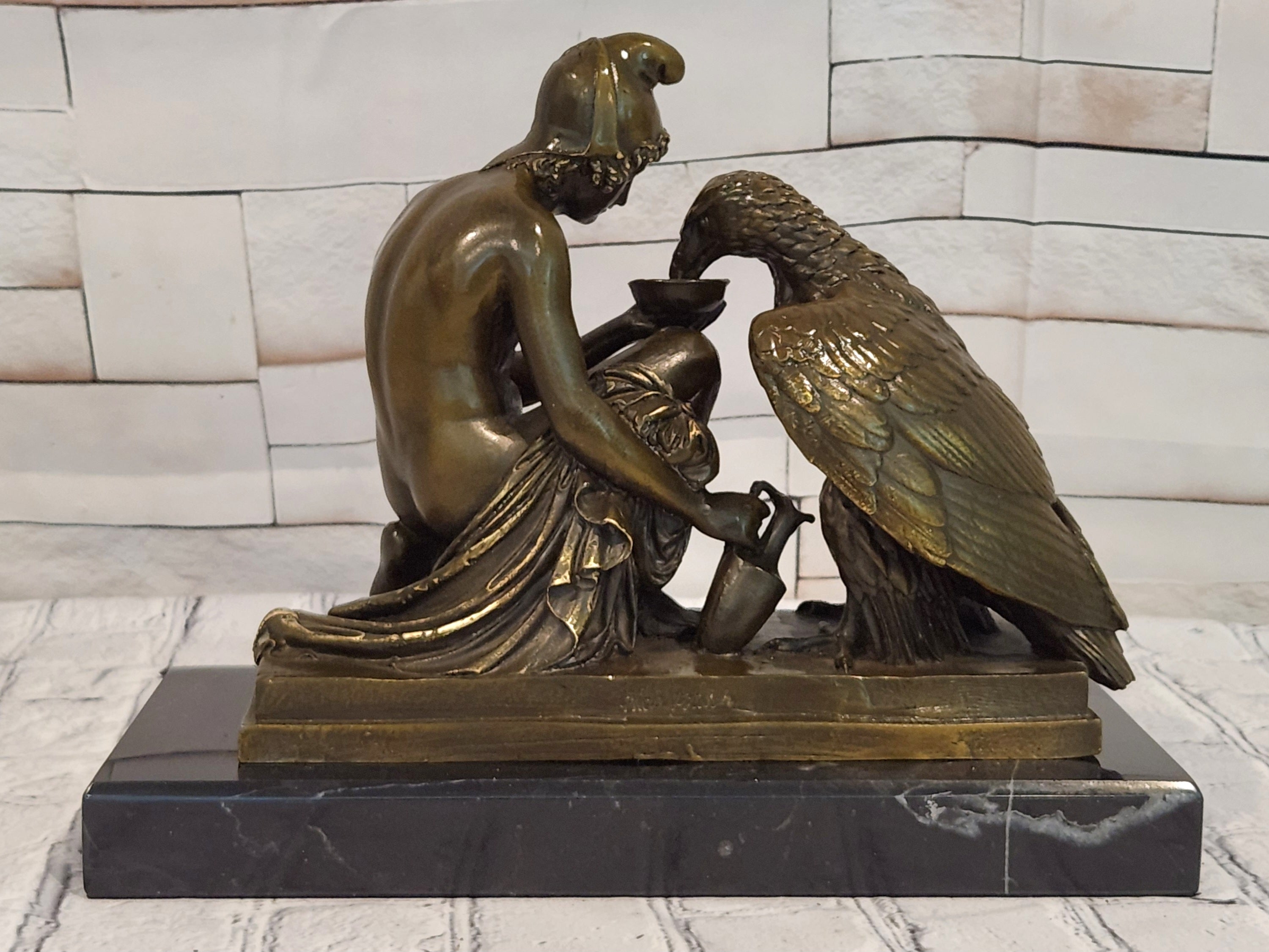 Greek Mythology Statue Ganymede Watering Zeus ' Eagle by Aldo Vitaleh Bronze Sculpture