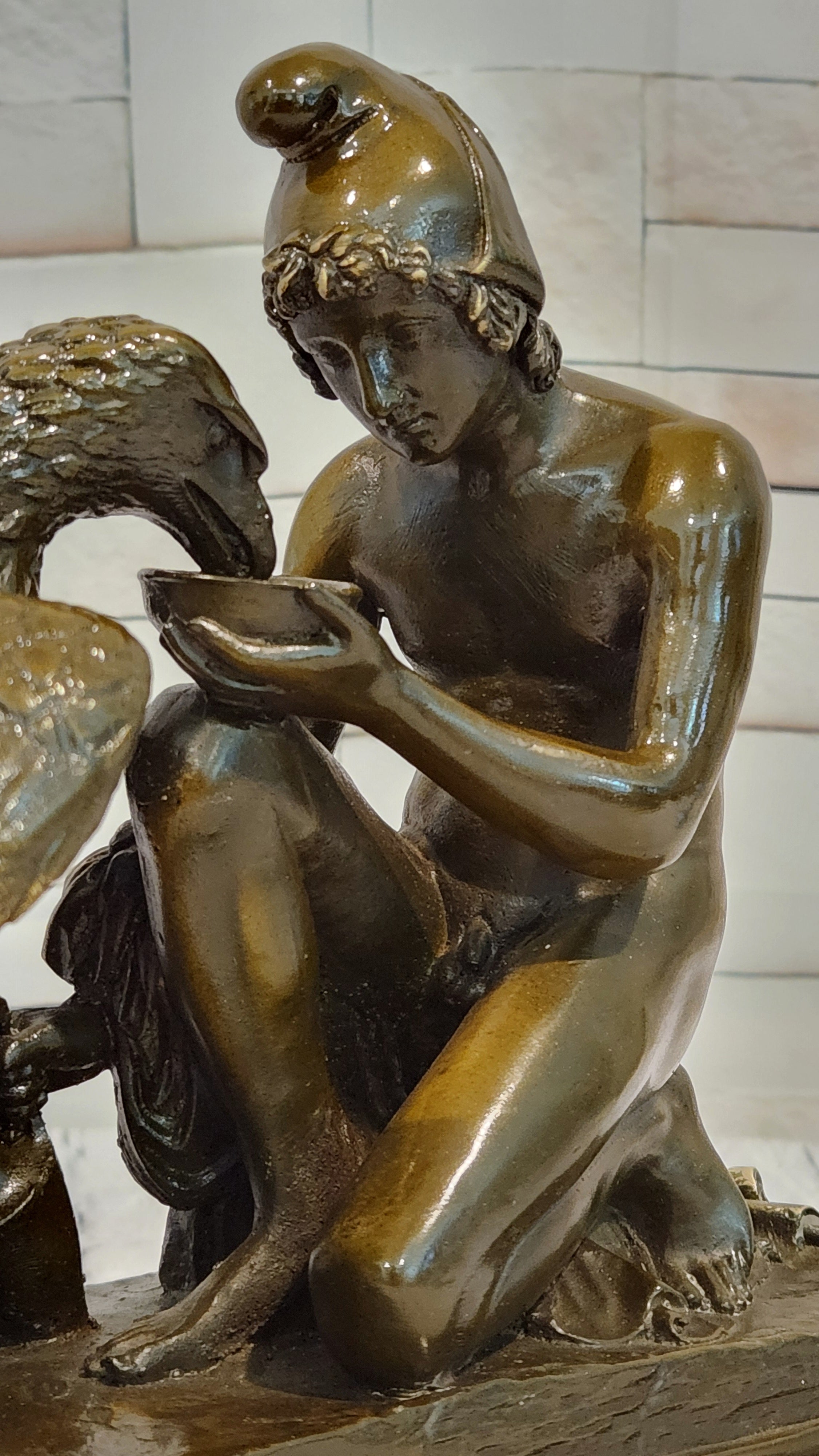 Greek Mythology Statue Ganymede Watering Zeus ' Eagle by Aldo Vitaleh Bronze Sculpture