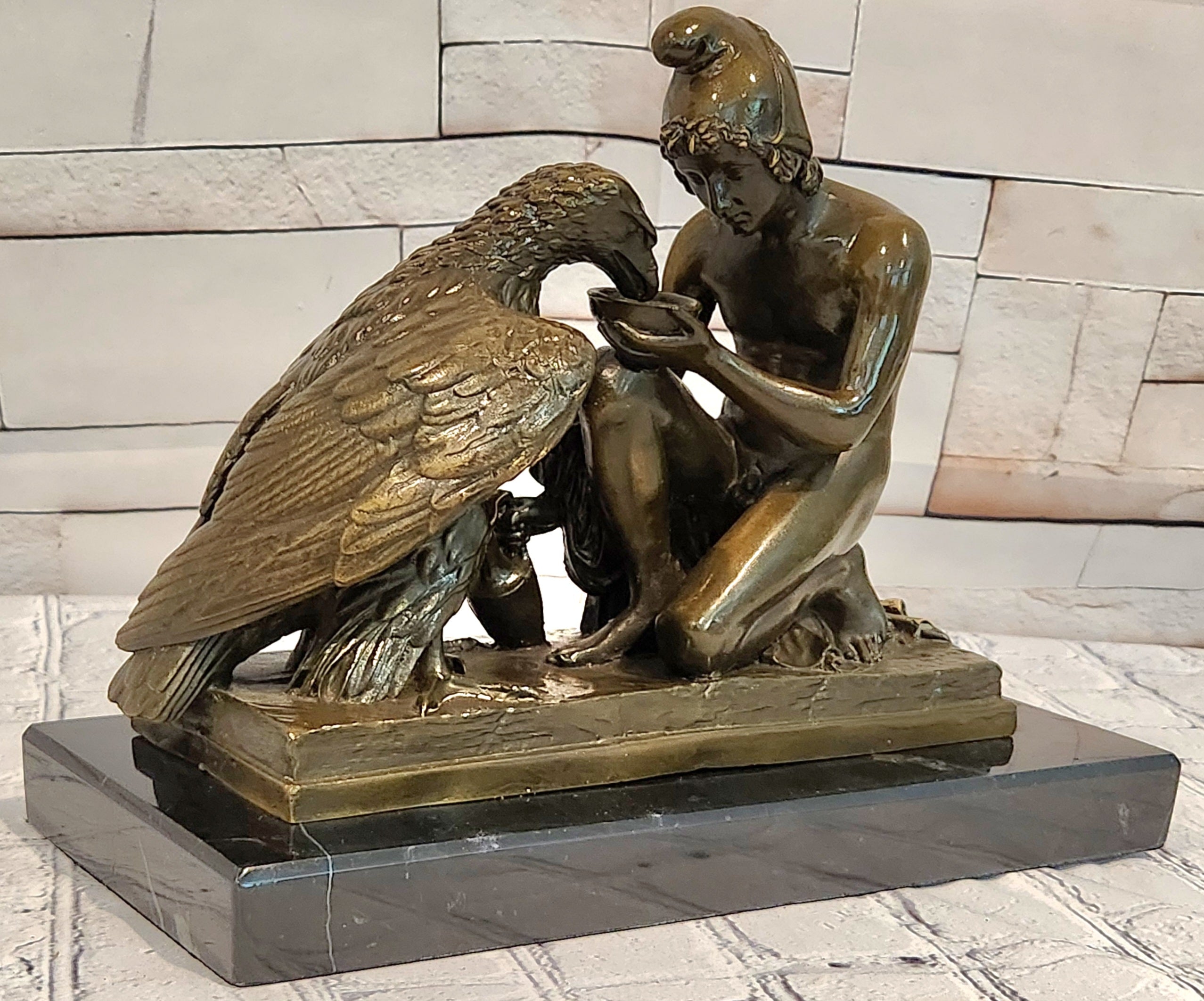 Greek Mythology Statue Ganymede Watering Zeus ' Eagle by Aldo Vitaleh Bronze Sculpture
