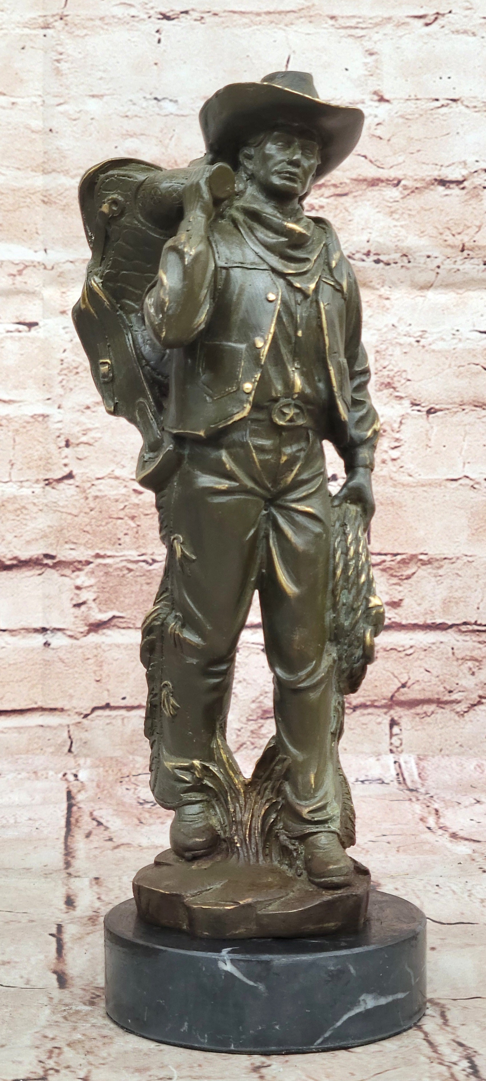 Cowboy with Saddle Bronze Sculpture - Western Art