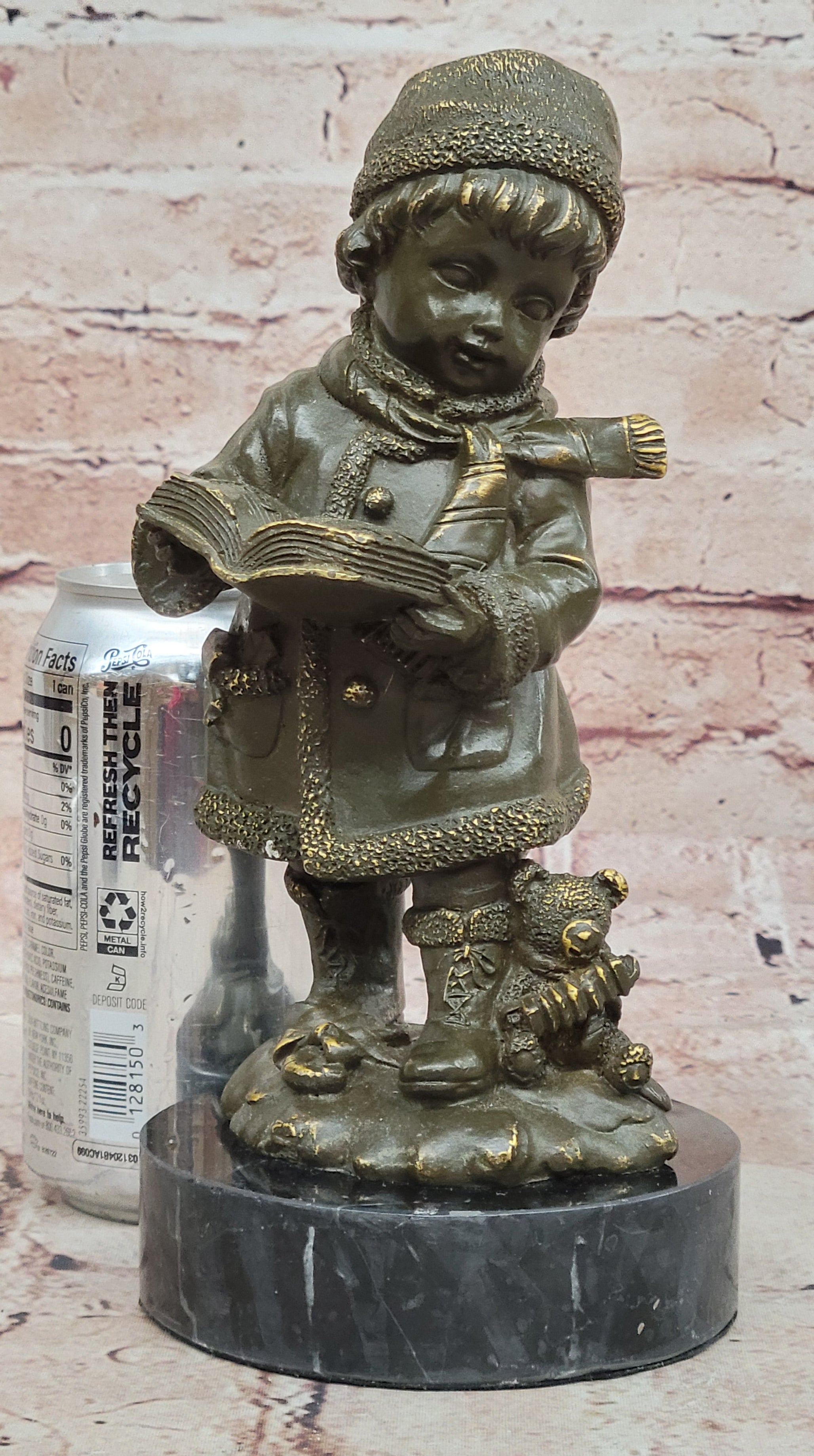 Winter Child Reading Book – Bronze with Teddy Bear