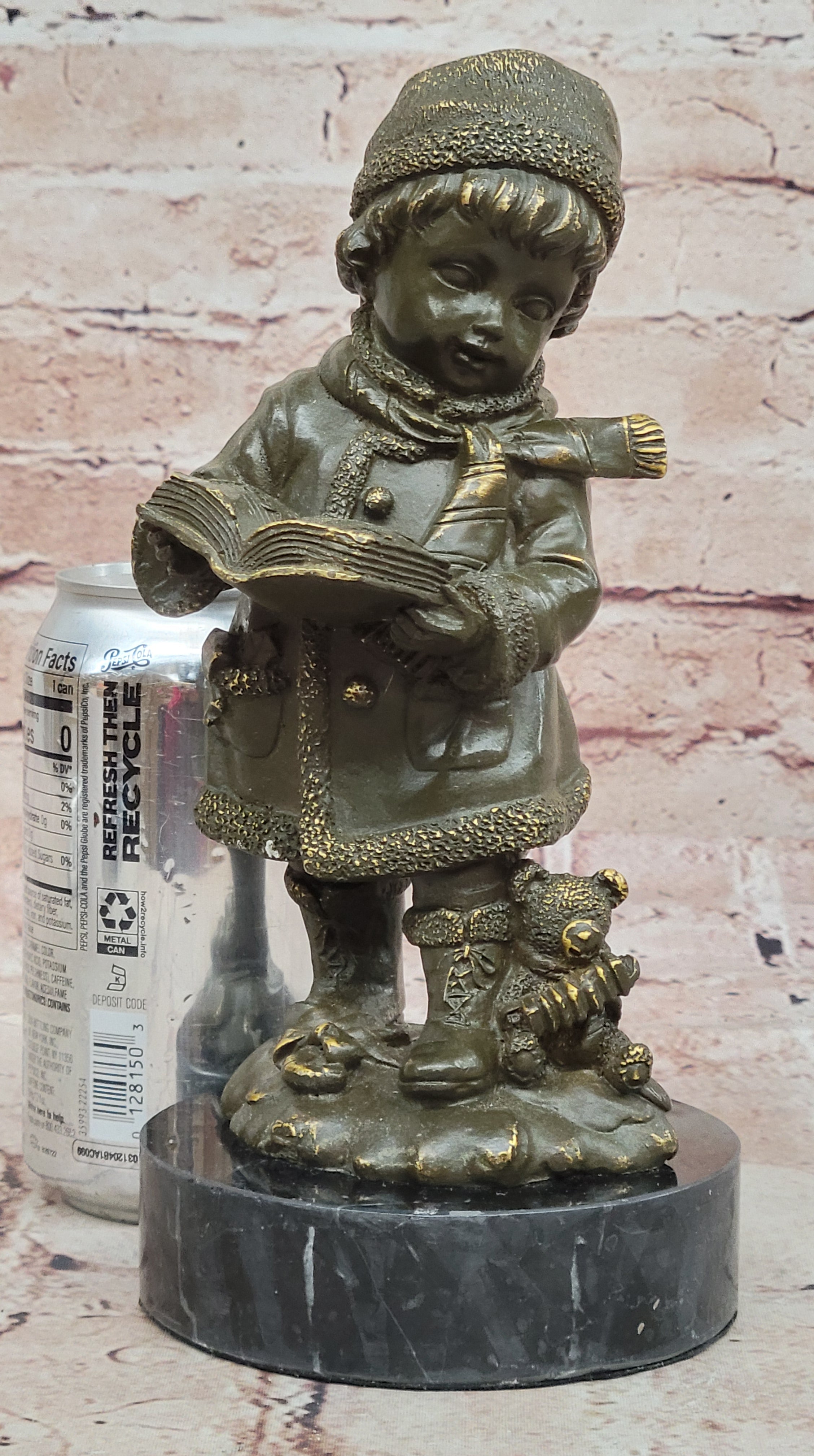 Winter Child Reading Book – Bronze with Teddy Bear