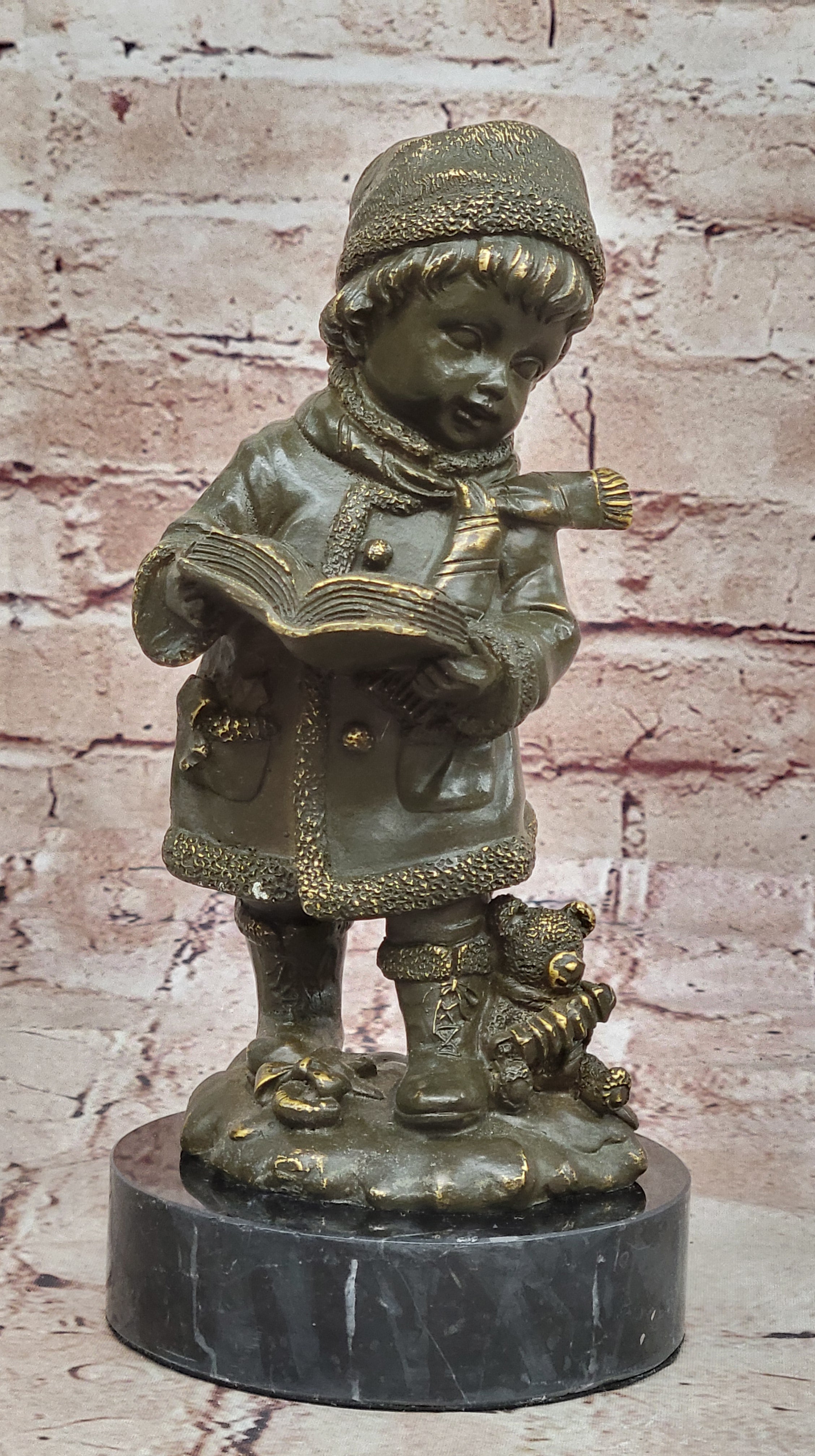 Winter Child Reading Book – Bronze with Teddy Bear