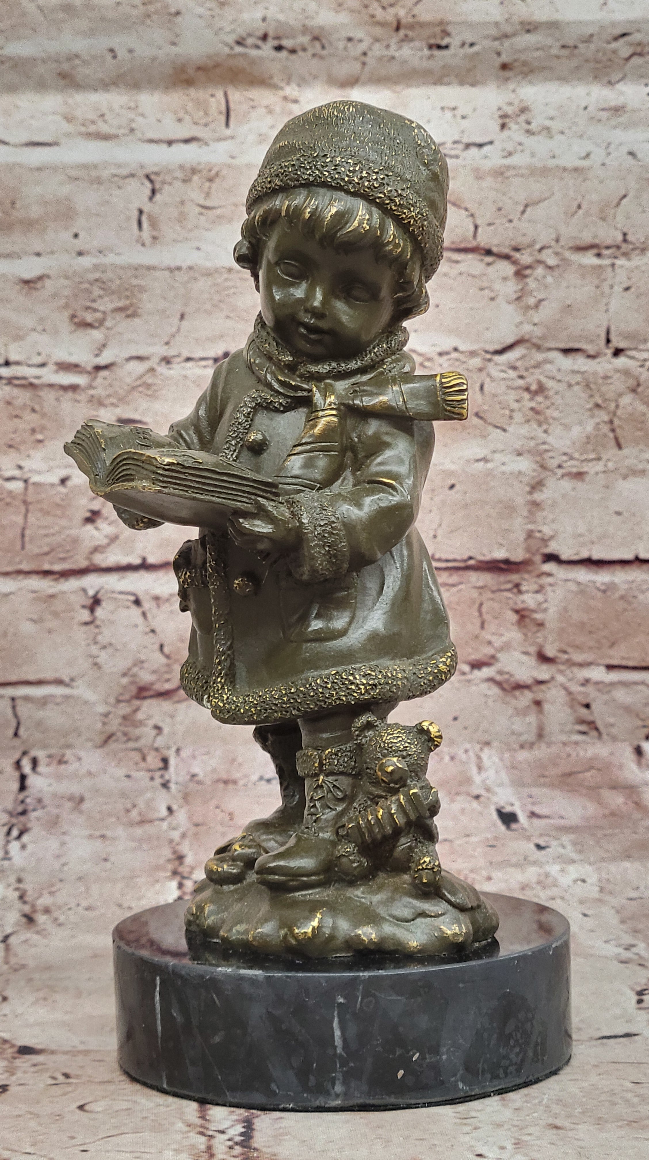 Winter Child Reading Book – Bronze with Teddy Bear