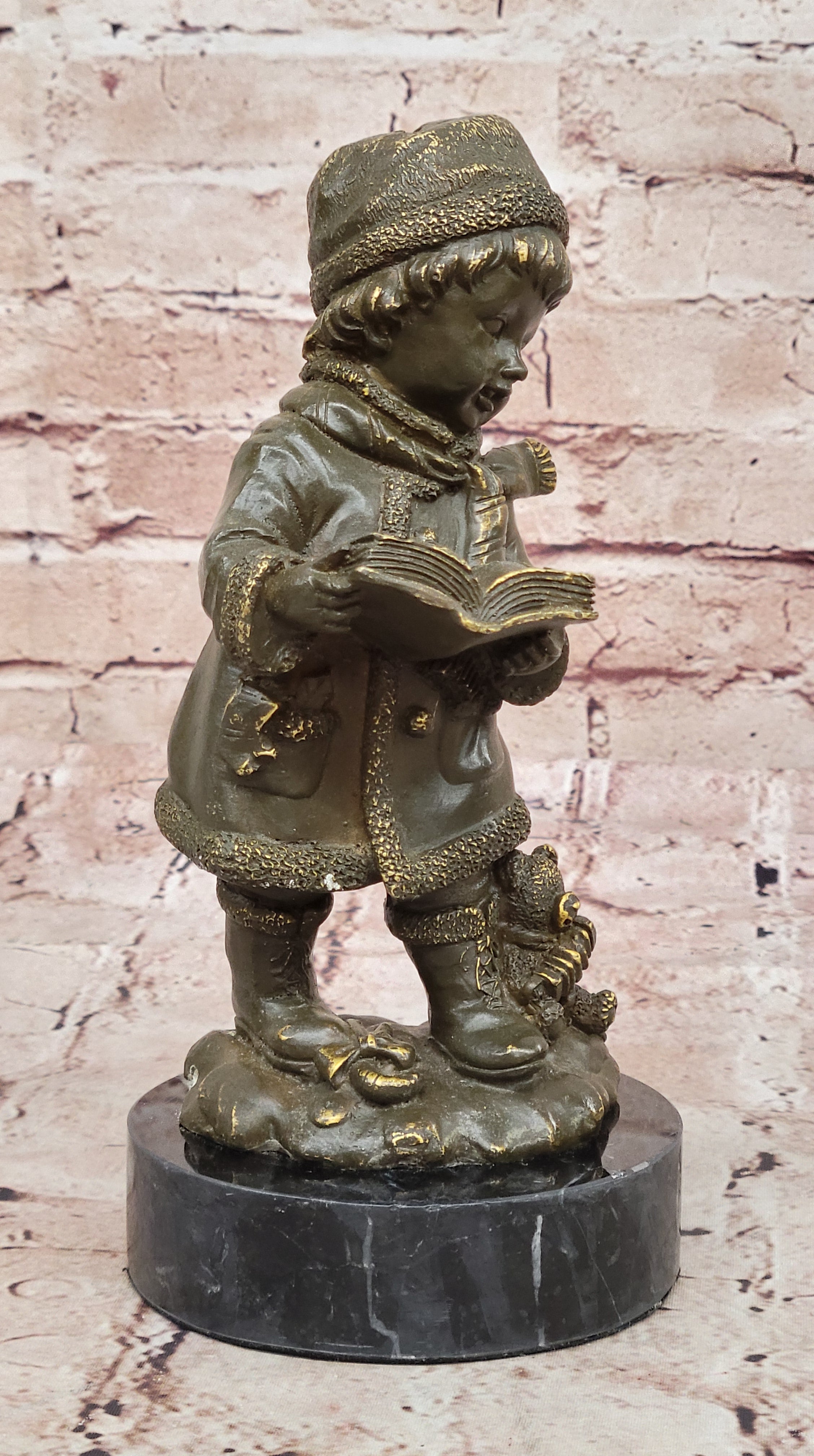 Winter Child Reading Book – Bronze with Teddy Bear