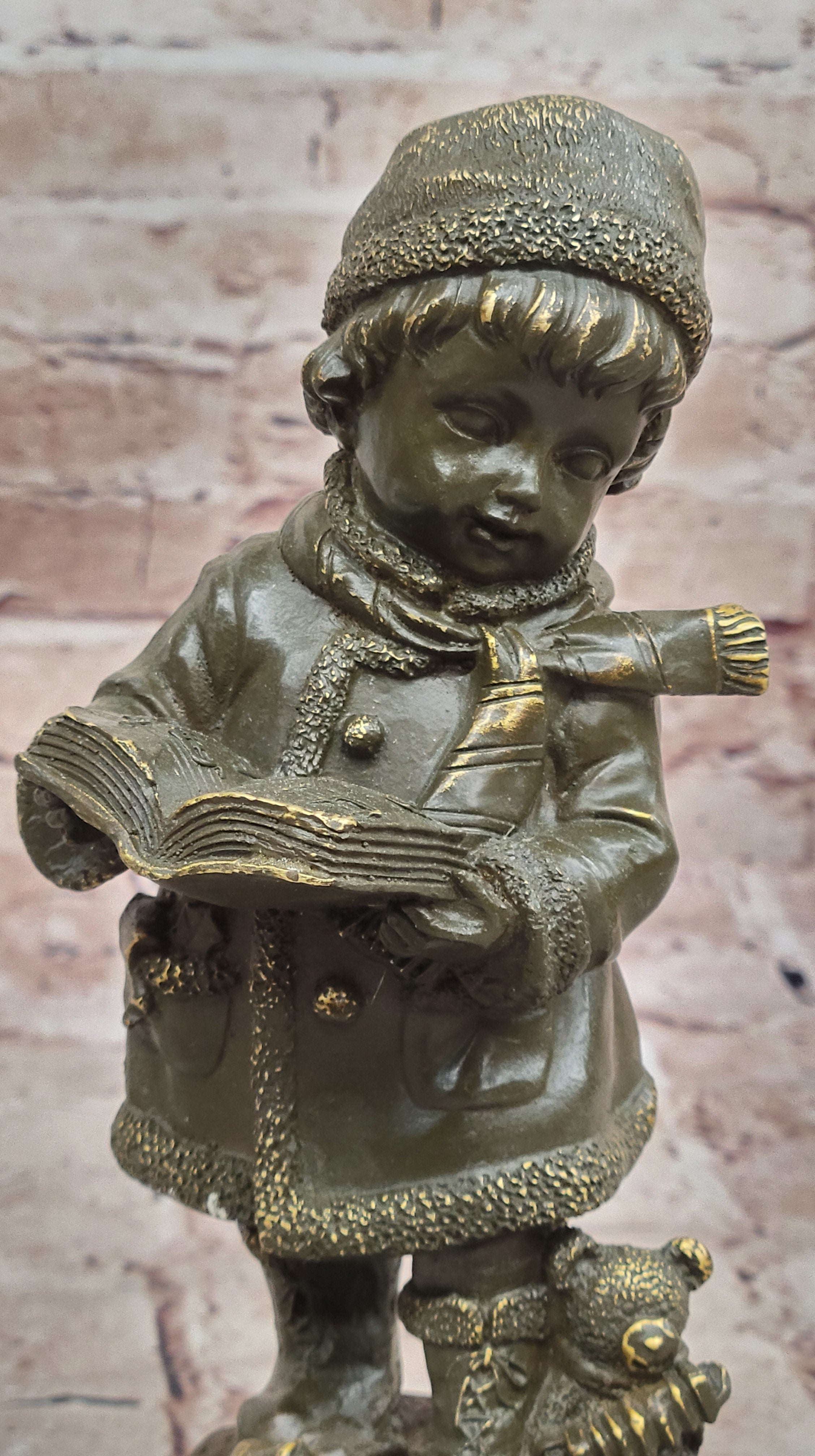 Winter Child Reading Book – Bronze with Teddy Bear