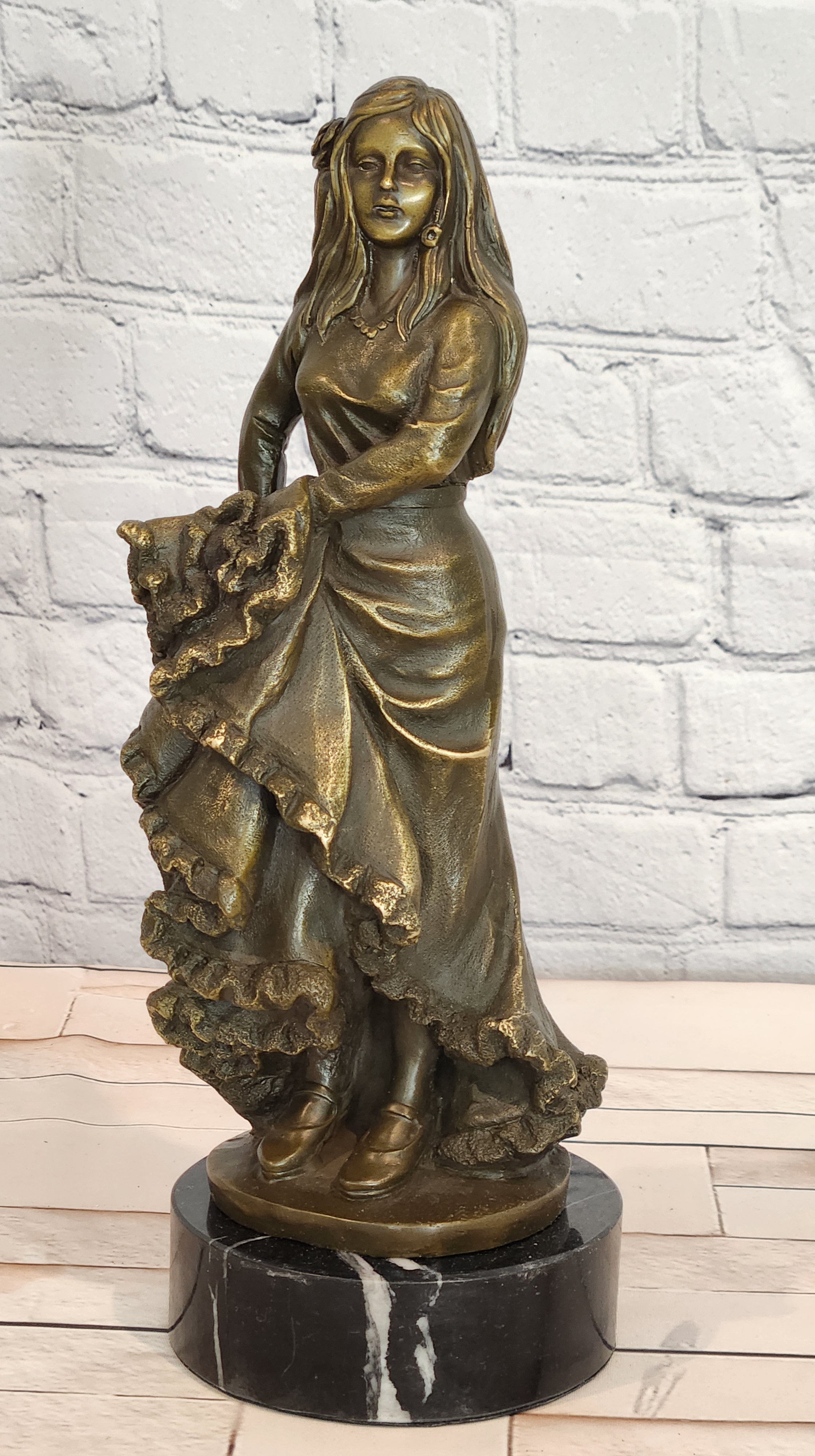 Signed Original Latin Woman Flamenco Dancer Bronze Sculpture Figurine Figure
