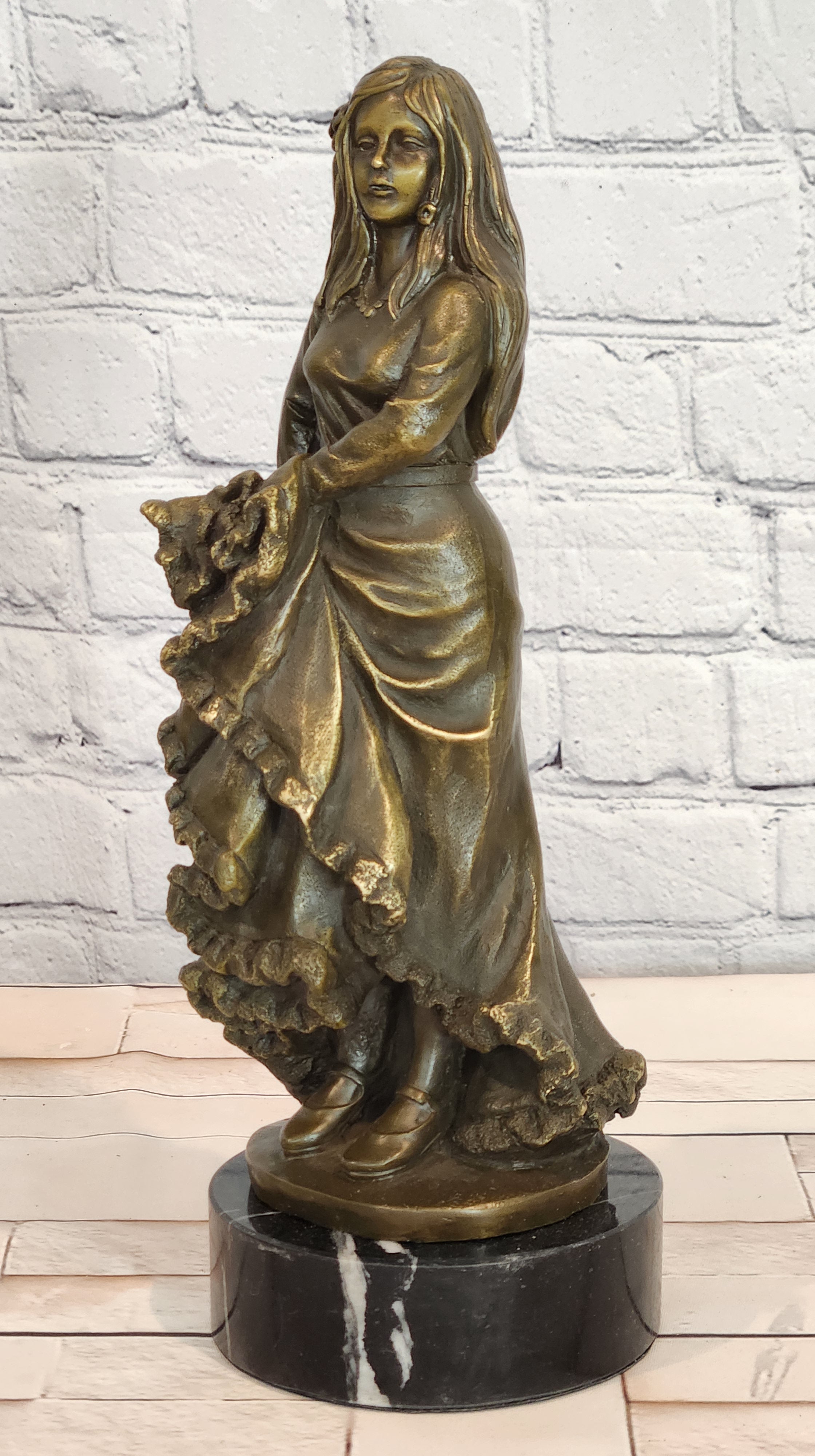 Signed Original Latin Woman Flamenco Dancer Bronze Sculpture Figurine Figure