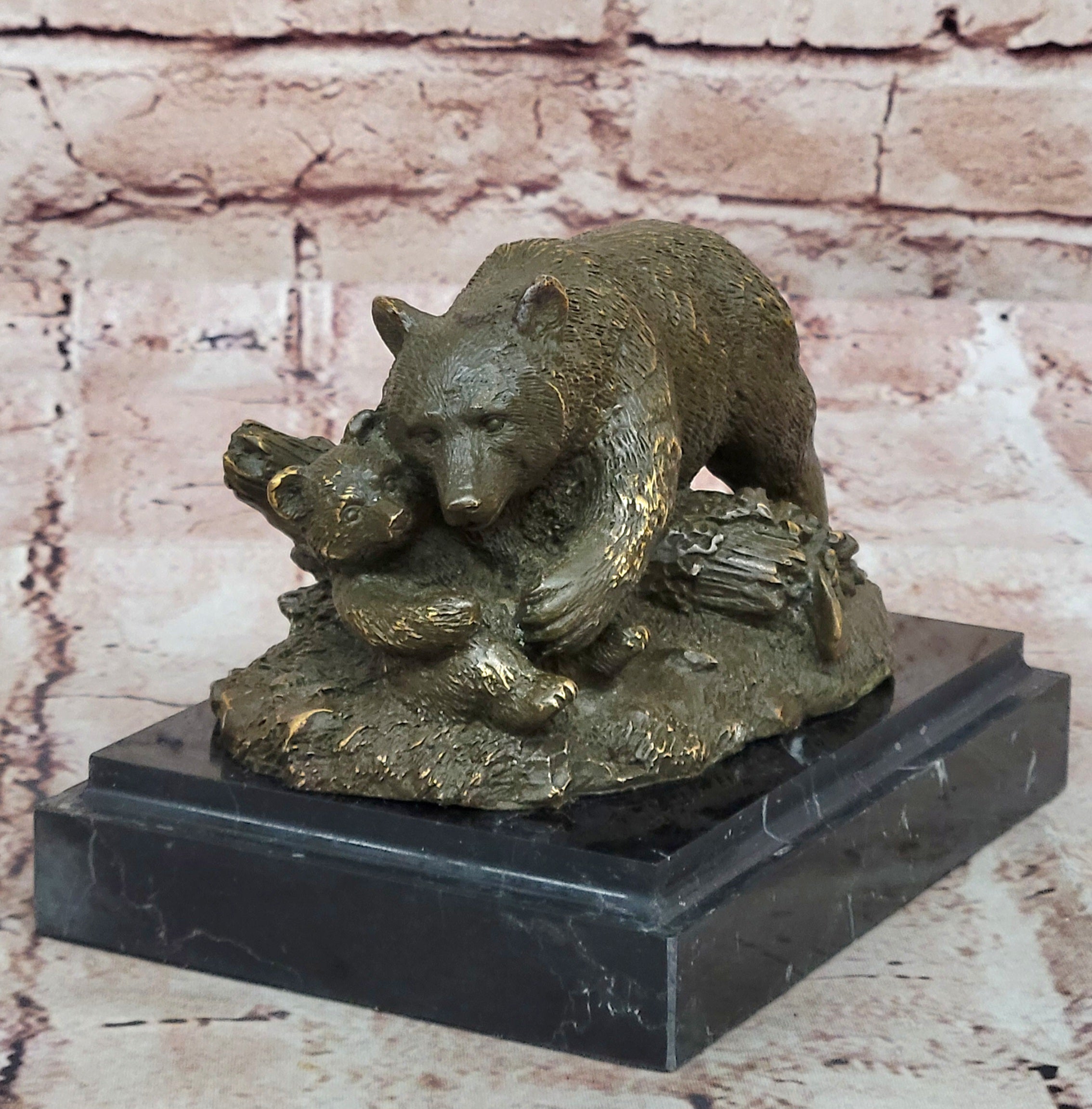Bronze Bear and Cub Realistic Wildlife Sculpture
