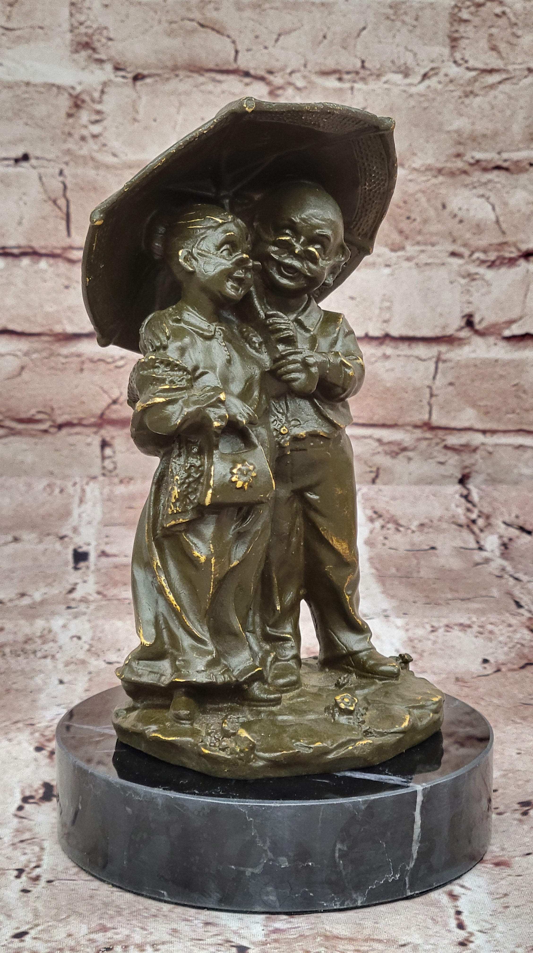 Bronze Elderly Couple Sculpture – Holding Umbrella