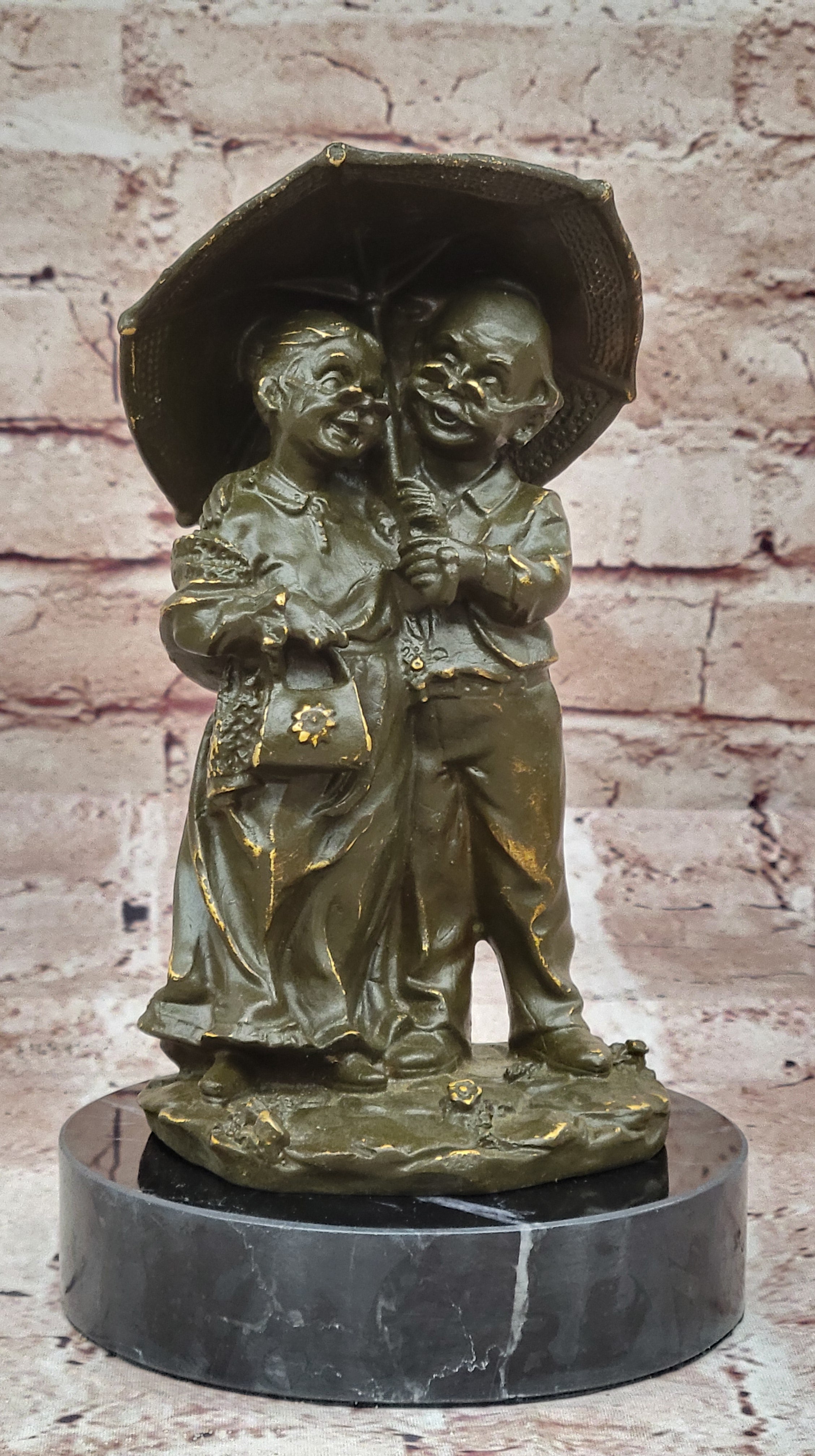Bronze Elderly Couple Sculpture – Holding Umbrella