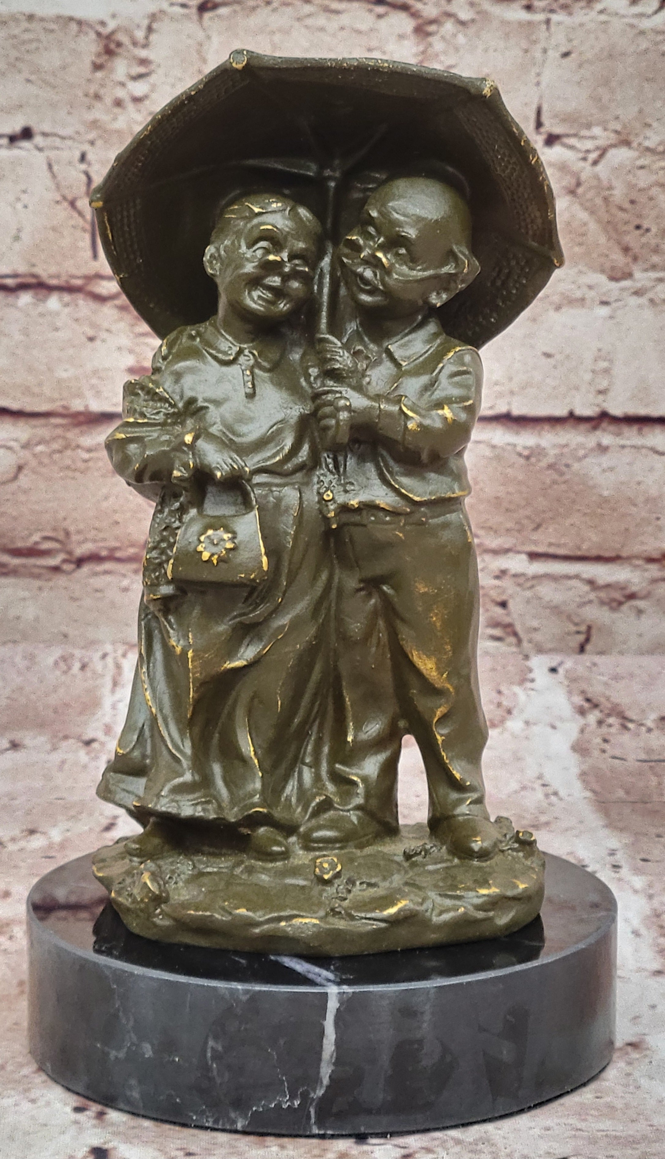 Bronze Elderly Couple Sculpture – Holding Umbrella