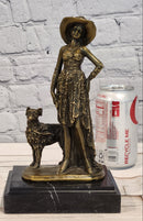 Art Deco Bronze Lady Walking Her Dog Sculpture Hand Made Signed Casaro Statue