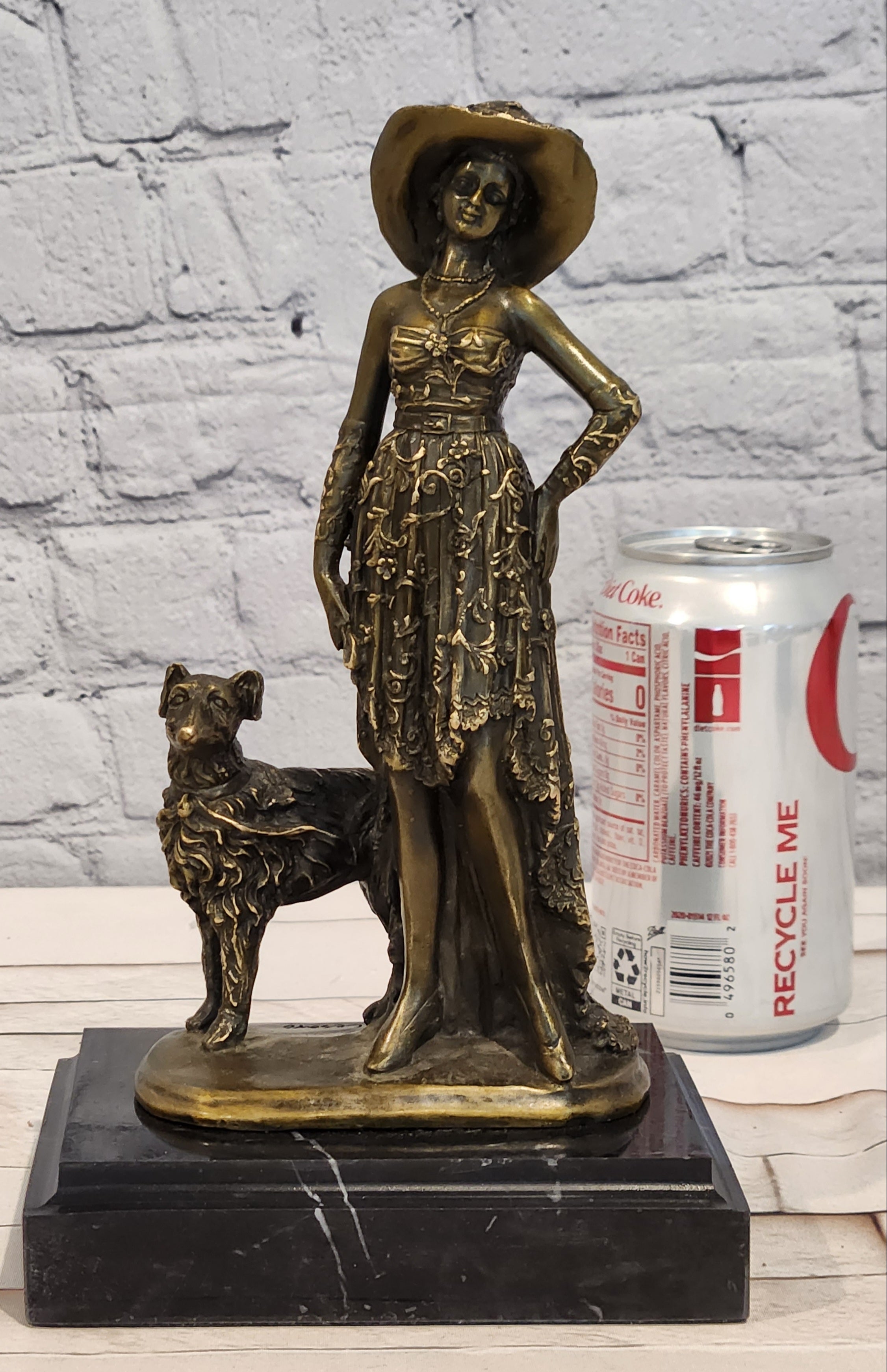 Art Deco Bronze Lady Walking Her Dog Sculpture Hand Made Signed Casaro Statue