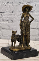 Art Deco Bronze Lady Walking Her Dog Sculpture Hand Made Signed Casaro Statue