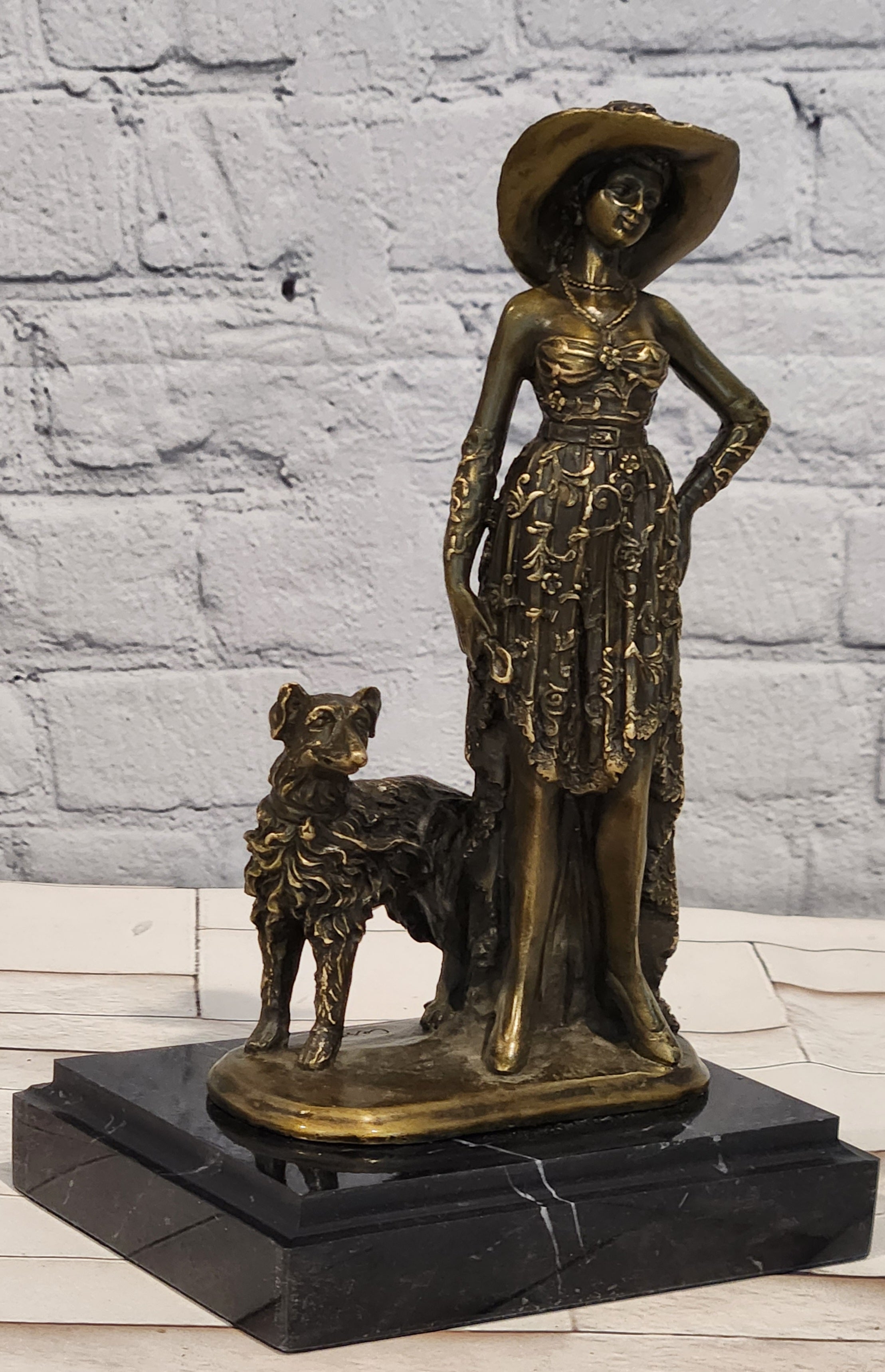 Art Deco Bronze Lady Walking Her Dog Sculpture Hand Made Signed Casaro Statue