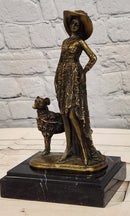 Art Deco Bronze Lady Walking Her Dog Sculpture Hand Made Signed Casaro Statue