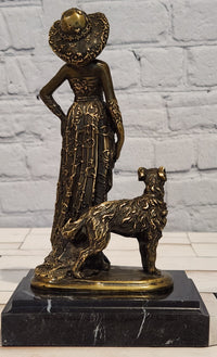 Art Deco Bronze Lady Walking Her Dog Sculpture Hand Made Signed Casaro Statue